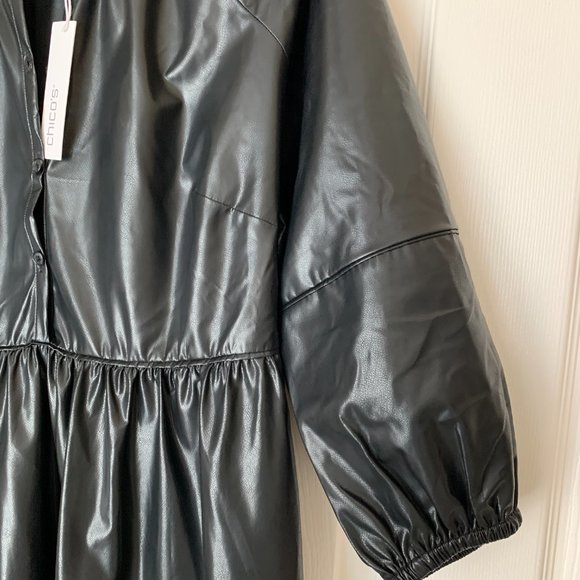 CHICO’S FAUX LEATHER MIDI TIERED DRESS WITH SLEEVES - Picture 11 of 16